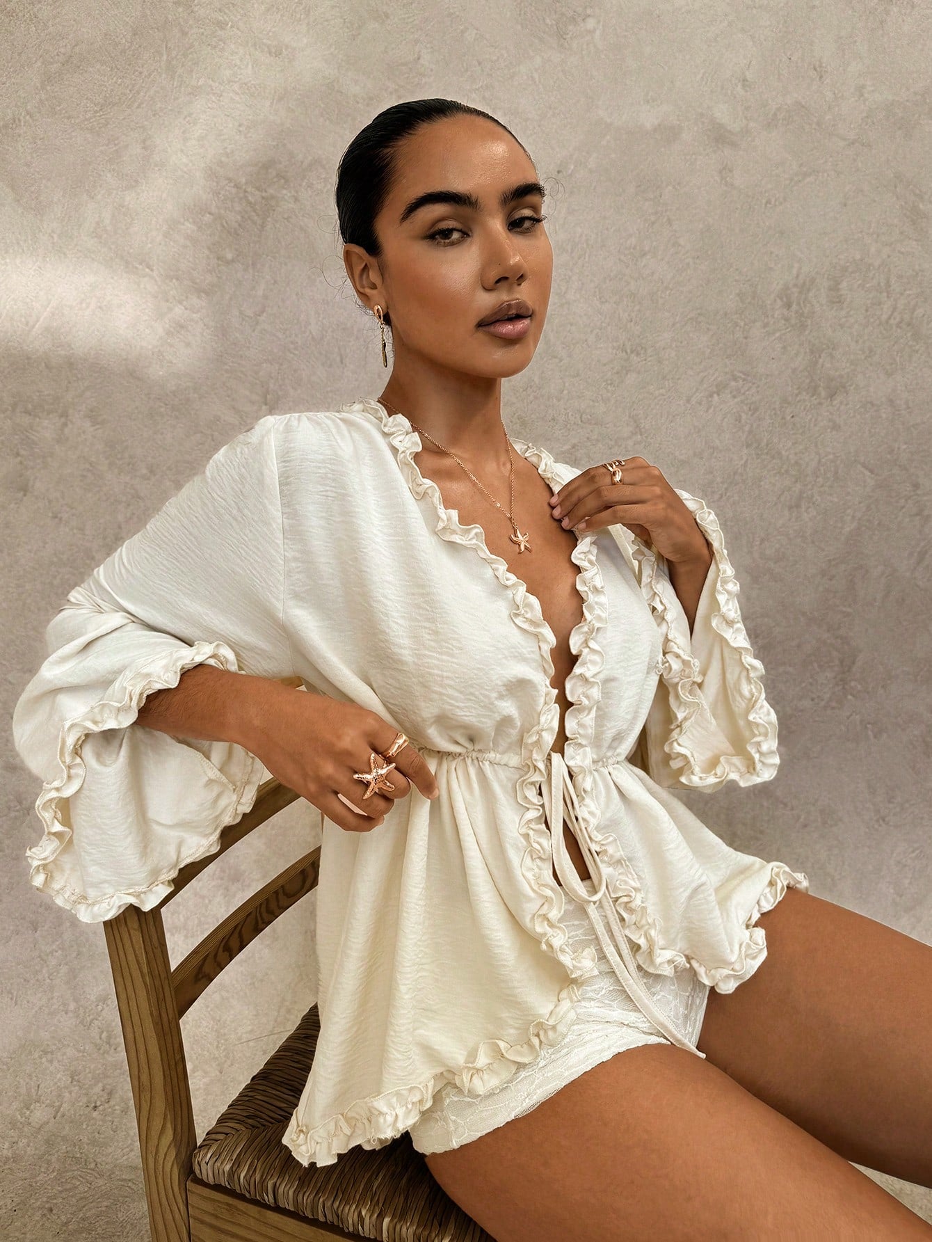 Glamine Ruffle Cinched Waist Loose Top For Women