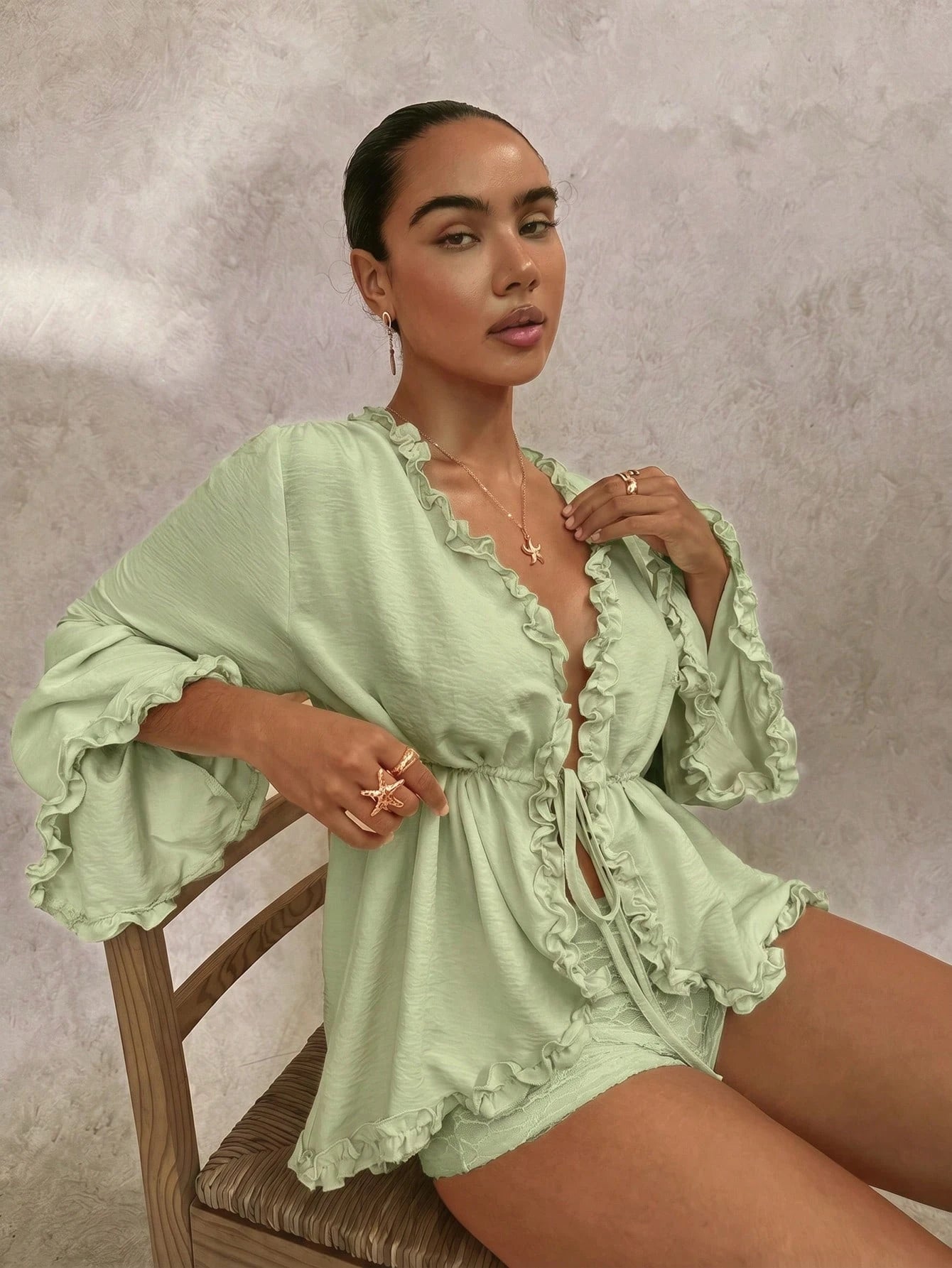 Glamine Ruffle Cinched Waist Loose Top For Women
