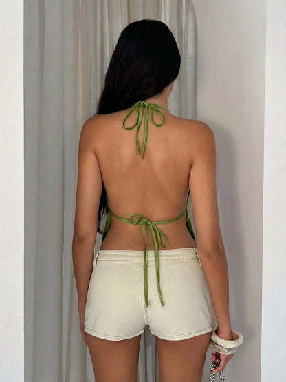 Glamine Women's Green Beaded Embroidery Halter Top, Green Floral Crisscross Backless Camisole,Boho Fairycore Deep V-Neck Summer Holiday Vacation Holiday