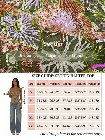 Glamine Women's Green Beaded Embroidery Halter Top, Green Floral Crisscross Backless Camisole,Boho Fairycore Deep V-Neck Summer Holiday Vacation Holiday