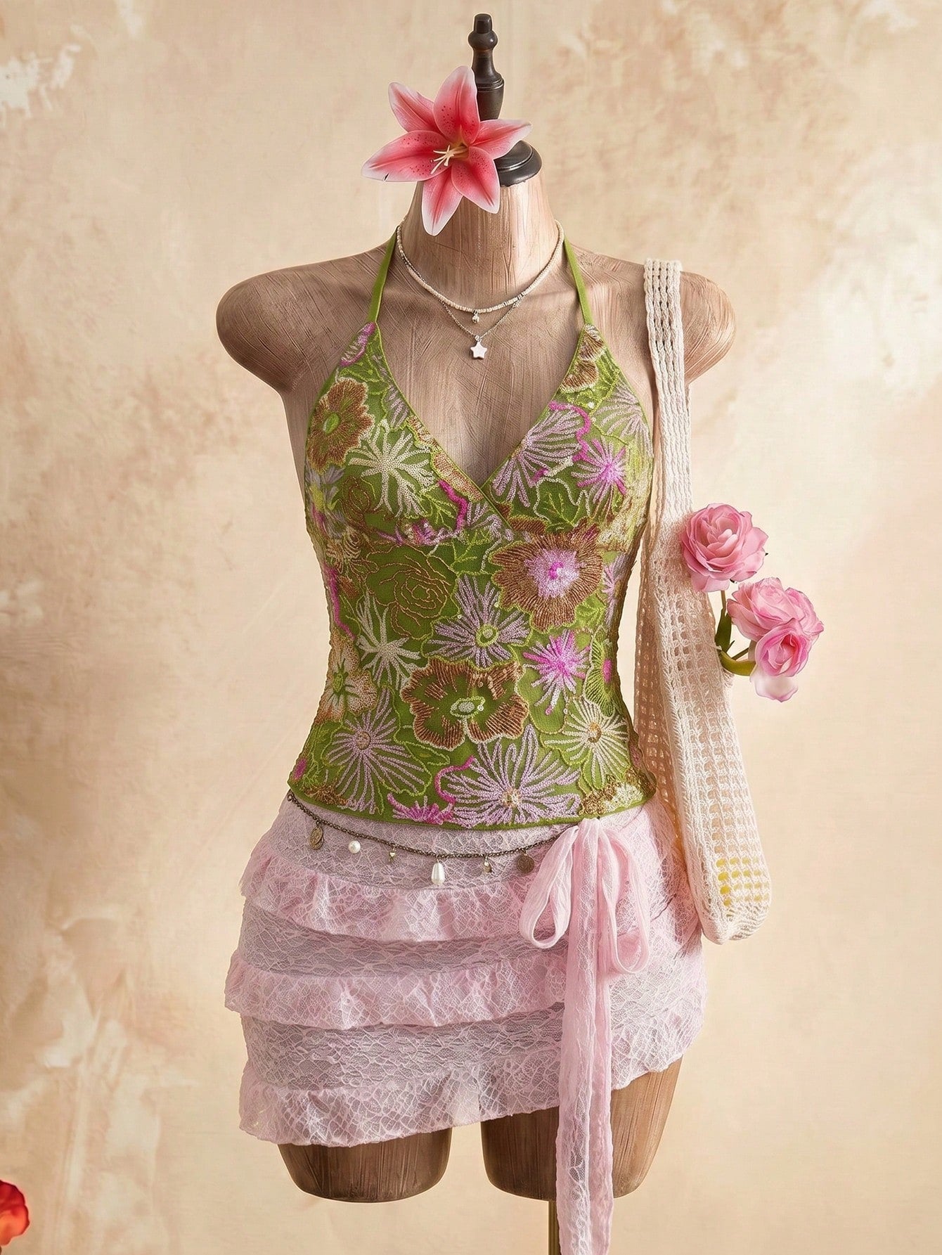 Glamine Women's Green Beaded Embroidery Halter Top, Green Floral Crisscross Backless Camisole,Boho Fairycore Deep V-Neck Summer Holiday Vacation Holiday