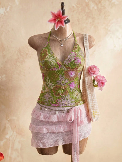 Glamine Women's Green Beaded Embroidery Halter Top, Green Floral Crisscross Backless Camisole,Boho Fairycore Deep V-Neck Summer Holiday Vacation Holiday