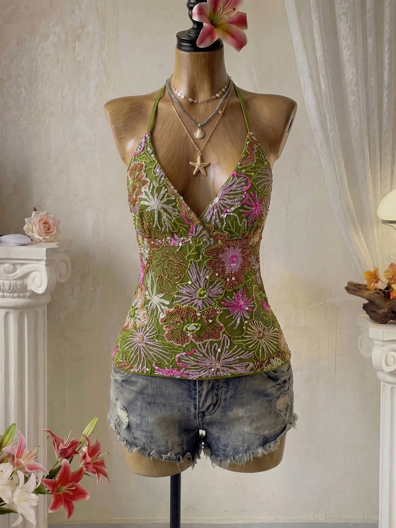 Glamine Women's Green Beaded Embroidery Halter Top, Green Floral Crisscross Backless Camisole,Boho Fairycore Deep V-Neck Summer Holiday Vacation Holiday