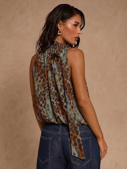 Glamour Women's Casual All-Over Print Neck Tie Blouse, Versatile For Daily Wear Leopard Print Halter Neck Bubble Hem Top Halter Neck With Tie Detail Abstract Leopard Print Pattern