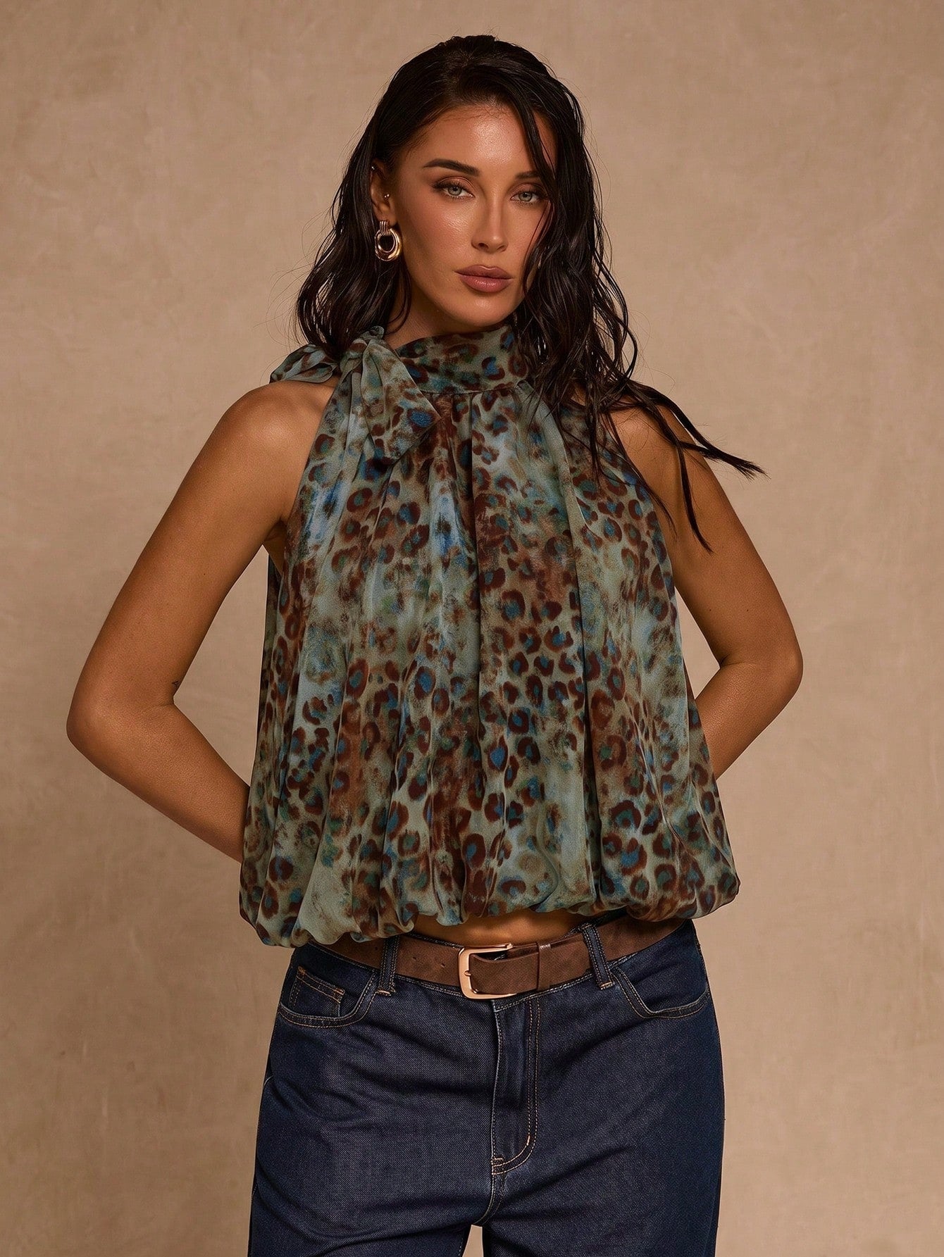 Glamour Women's Casual All-Over Print Neck Tie Blouse, Versatile For Daily Wear Leopard Print Halter Neck Bubble Hem Top Halter Neck With Tie Detail Abstract Leopard Print Pattern