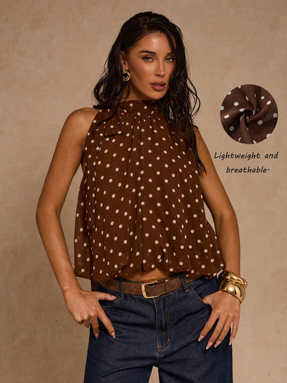 Glamour Women's Casual All-Over Print Neck Tie Blouse, Versatile For Daily Wear Leopard Print Halter Neck Bubble Hem Top Halter Neck With Tie Detail Abstract Leopard Print Pattern