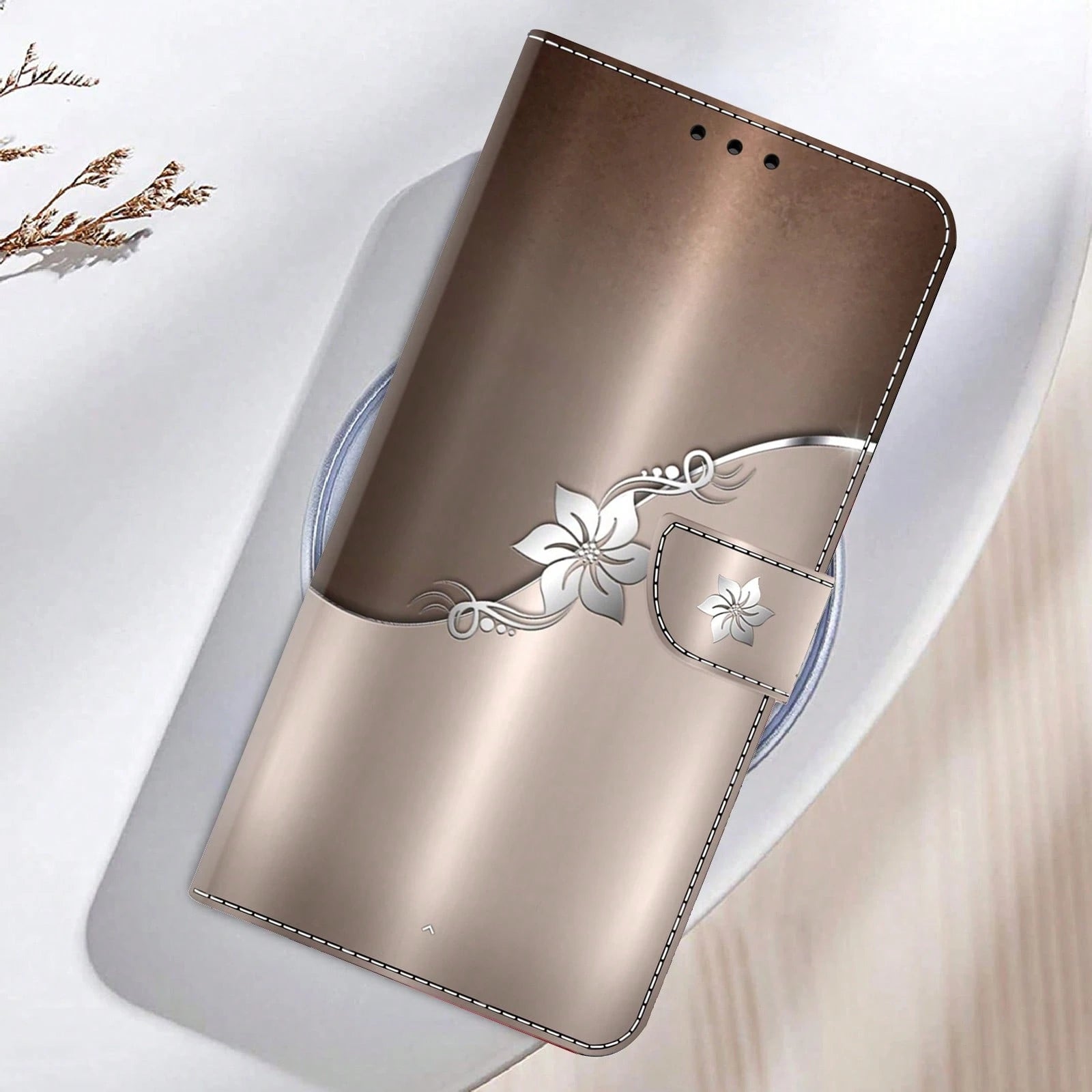 GLANDOTU Elegant Rose Gold Floral Pattern PU Leather Phone Case, Flip Wallet Style Phone Case With Magnetic Closure Design, Compatible With Multiple Phone Brands And Models