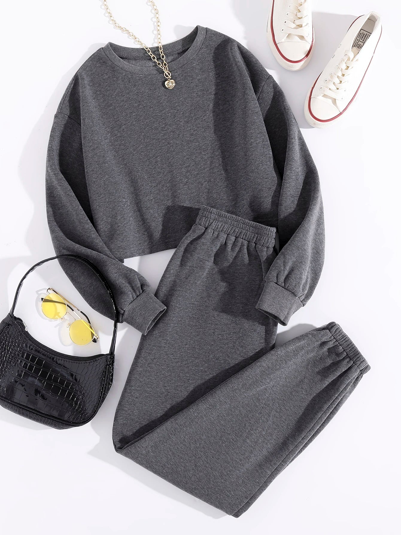GlowEve Casual Solid Color Fleece Sweatshirt And Sweatpants Set, Autumn/Winter