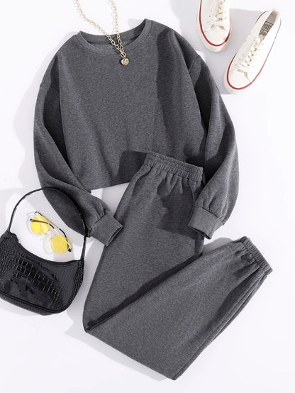 GlowEve Casual Solid Color Fleece Sweatshirt And Sweatpants Set, Autumn/Winter
