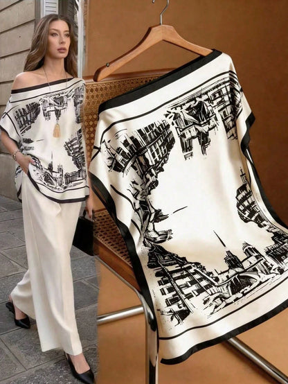 GlowEve Elegant Black And White Summer Tea Party Top For Women,Off-Shoulder Batwing Sleeve Loose Satin Shirt,Building Print European Cityscape Pattern Top