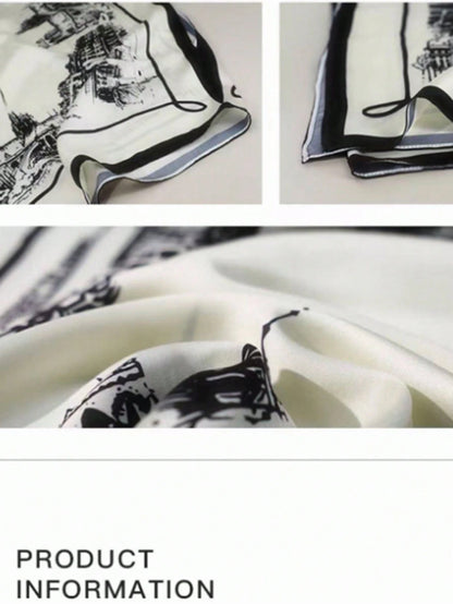 GlowEve Elegant Black And White Summer Tea Party Top For Women,Off-Shoulder Batwing Sleeve Loose Satin Shirt,Building Print European Cityscape Pattern Top