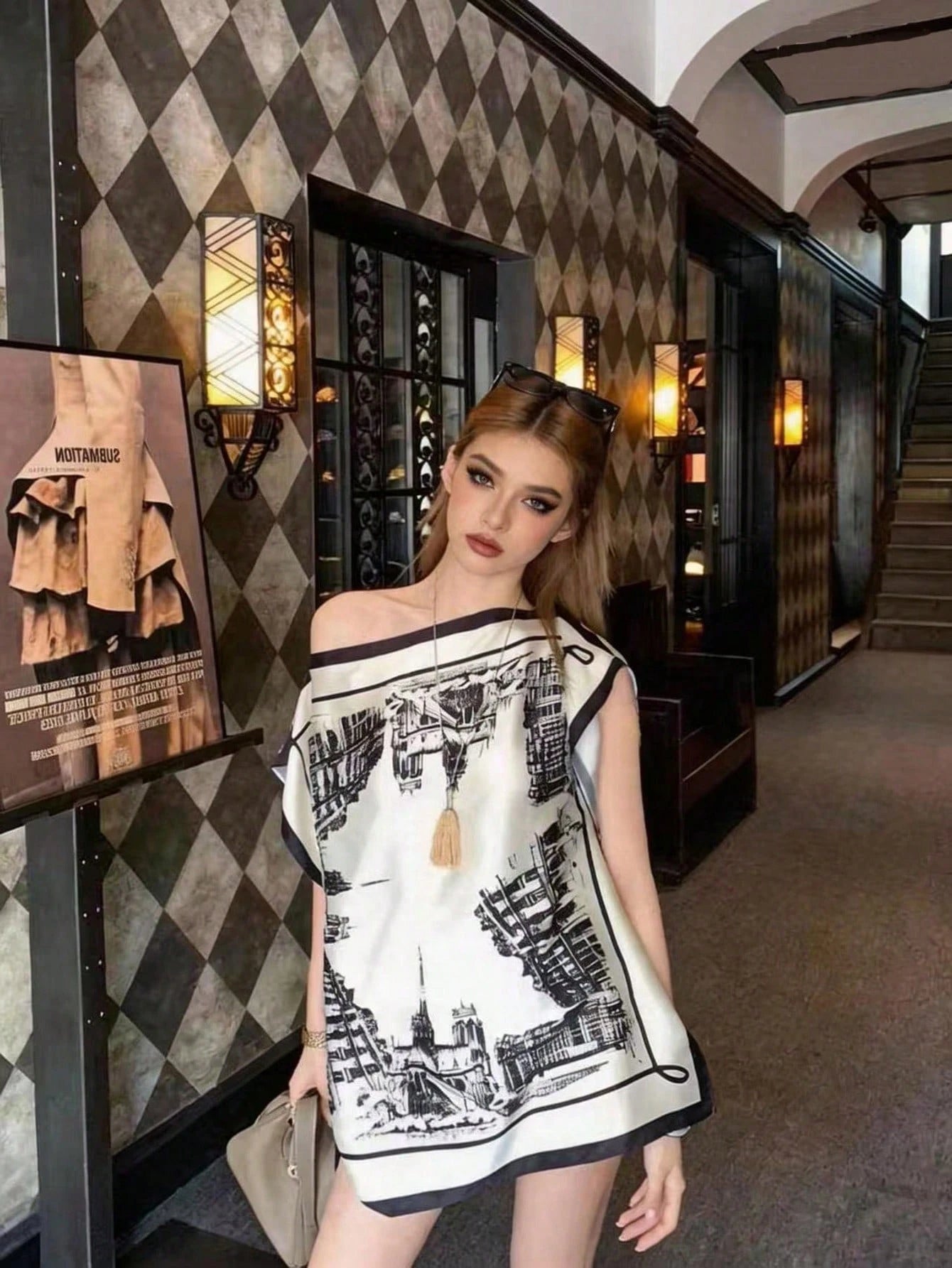 GlowEve Elegant Black And White Summer Tea Party Top For Women,Off-Shoulder Batwing Sleeve Loose Satin Shirt,Building Print European Cityscape Pattern Top