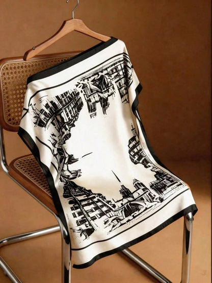 GlowEve Elegant Black And White Summer Tea Party Top For Women,Off-Shoulder Batwing Sleeve Loose Satin Shirt,Building Print European Cityscape Pattern Top