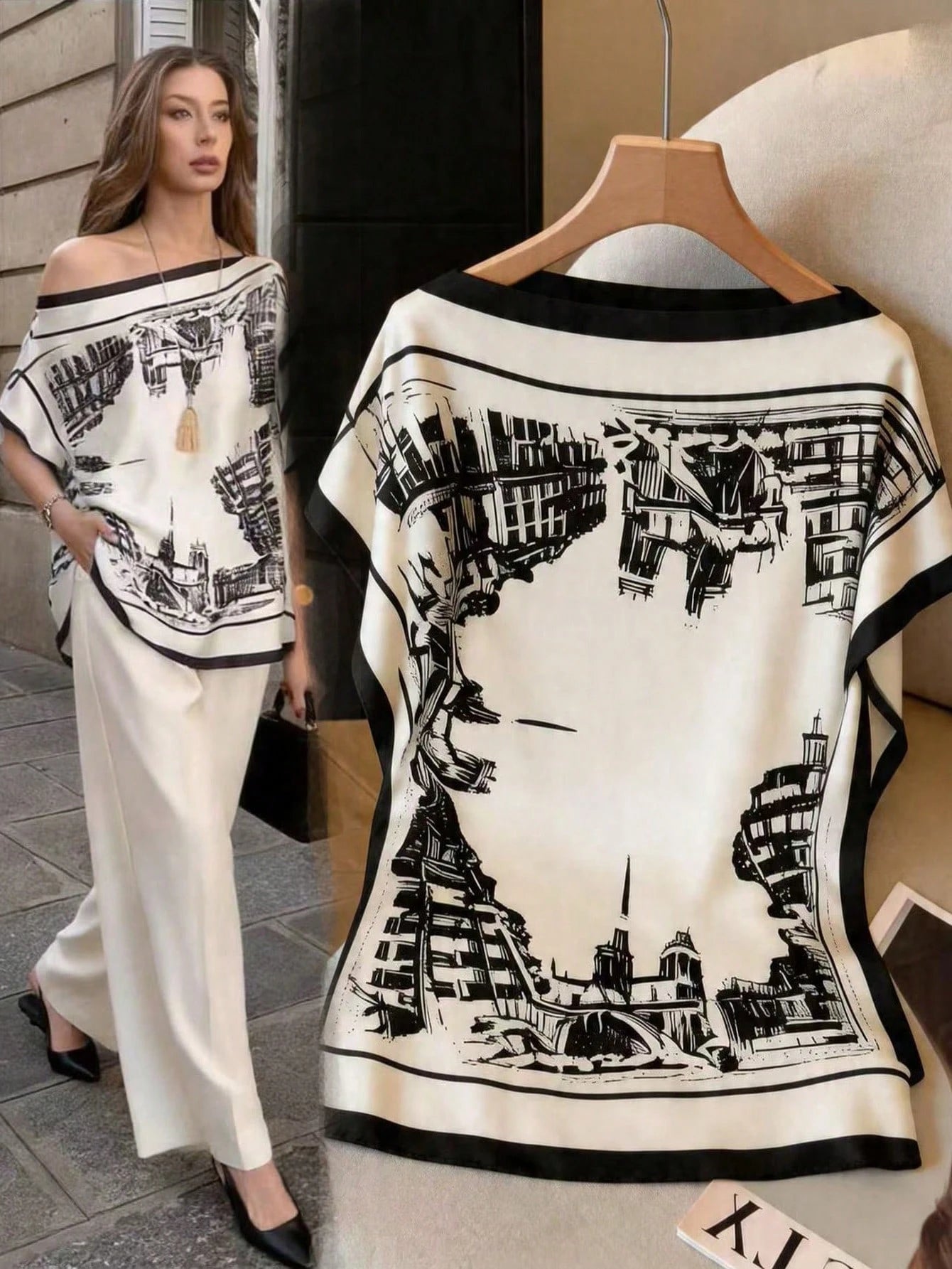 GlowEve Elegant Black And White Summer Tea Party Top For Women,Off-Shoulder Batwing Sleeve Loose Satin Shirt,Building Print European Cityscape Pattern Top