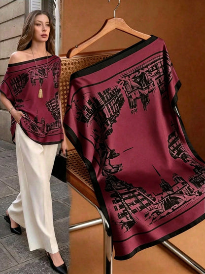 GlowEve Elegant Black And White Summer Tea Party Top For Women,Off-Shoulder Batwing Sleeve Loose Satin Shirt,Building Print European Cityscape Pattern Top