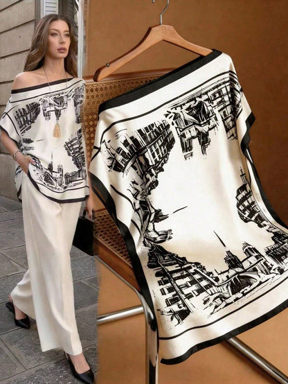 GlowEve Elegant Black And White Summer Tea Party Top For Women,Off-Shoulder Batwing Sleeve Loose Satin Shirt,Building Print European Cityscape Pattern Top