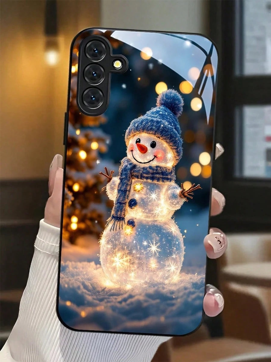 Glowing Snowman For Christmas High-Quality Tempered Glass Craftsmanship Phone Case Suitable For Compatible With Sumsung Galaxy S25/24/23/22/21/20/10 Ultra/FE+,Note20,/Ultra,A70/56/55/54/53/52/51/36/35