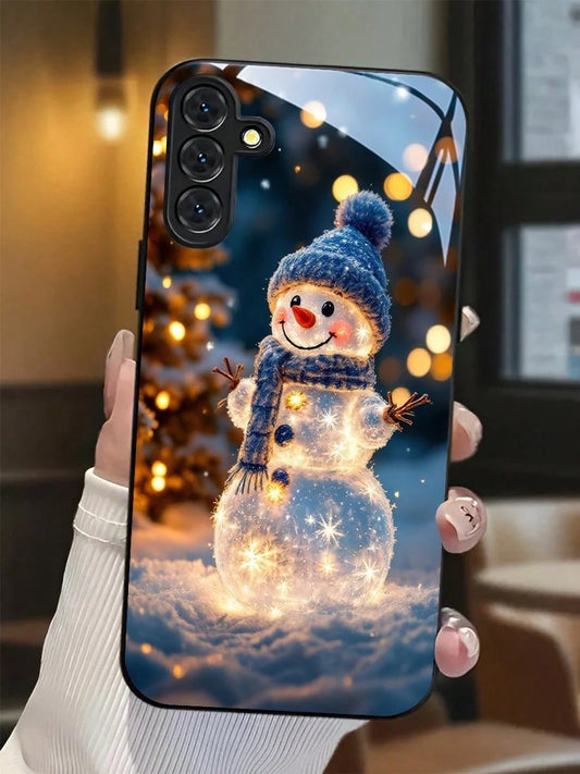 Glowing Snowman For Christmas High-Quality Tempered Glass Craftsmanship Phone Case Suitable For Compatible With Sumsung Galaxy S25/24/23/22/21/20/10 Ultra/FE+,Note20,/Ultra,A70/56/55/54/53/52/51/36/35