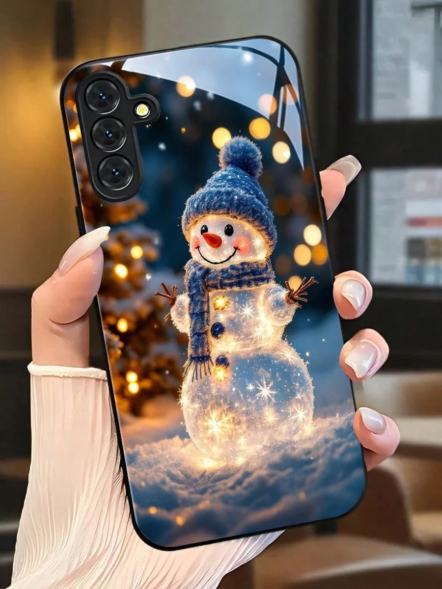 Glowing Snowman For Christmas High-Quality Tempered Glass Craftsmanship Phone Case Suitable For Compatible With Sumsung Galaxy S25/24/23/22/21/20/10 Ultra/FE+,Note20,/Ultra,A70/56/55/54/53/52/51/36/35