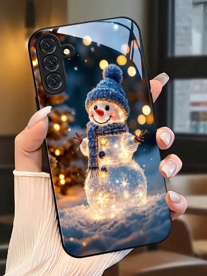 Glowing Snowman For Christmas High-Quality Tempered Glass Craftsmanship Phone Case Suitable For Compatible With Sumsung Galaxy S25/24/23/22/21/20/10 Ultra/FE+,Note20,/Ultra,A70/56/55/54/53/52/51/36/35