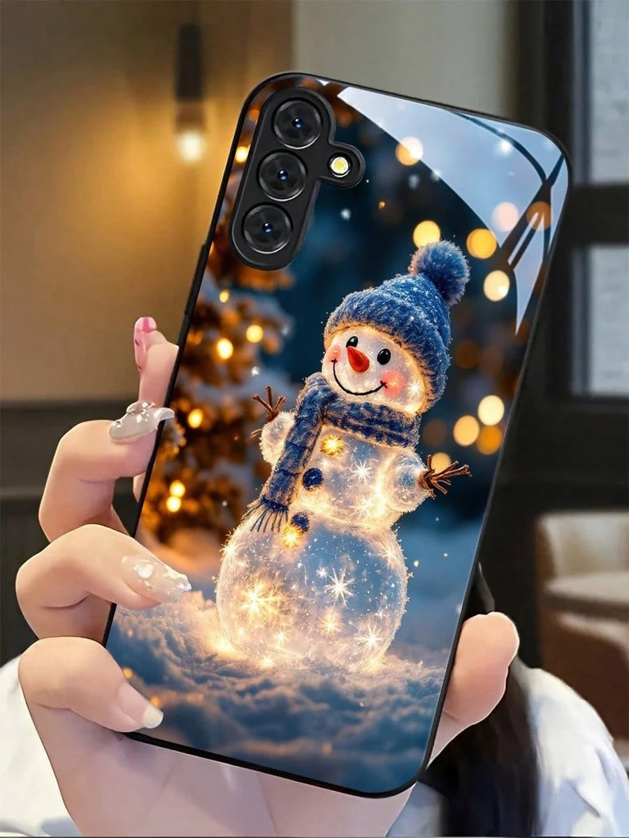 Glowing Snowman For Christmas High-Quality Tempered Glass Craftsmanship Phone Case Suitable For Compatible With Sumsung Galaxy S25/24/23/22/21/20/10 Ultra/FE+,Note20,/Ultra,A70/56/55/54/53/52/51/36/35