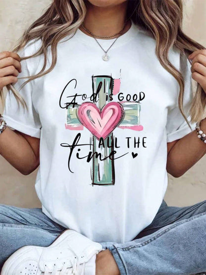 God Is Good All The Time Christian Cross Heart T Shirt For Women Faith Inspired Religious Top Cute Summer Outfit Mother Day Gift Idea,220g
