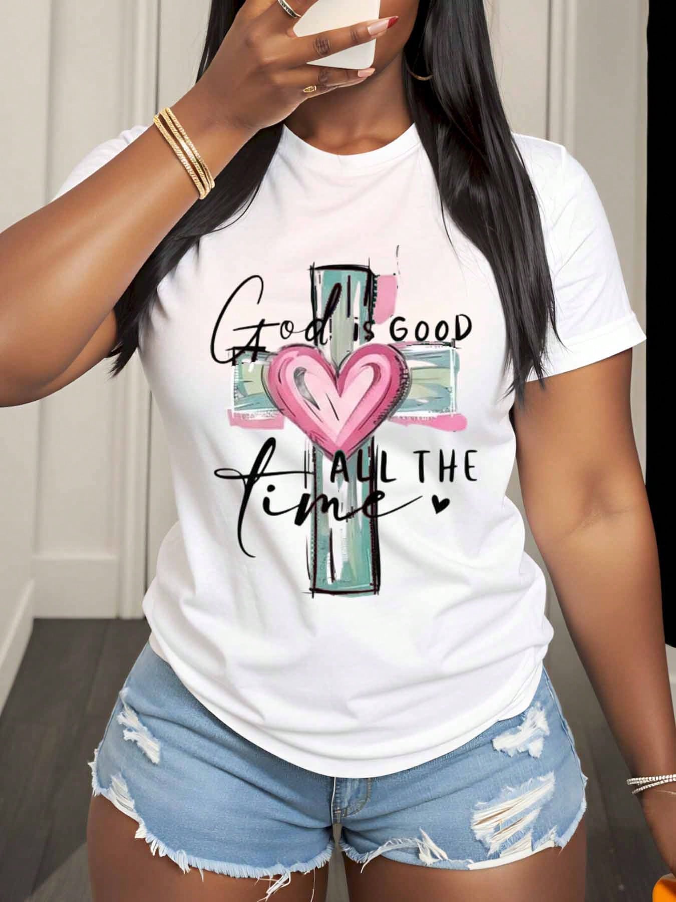 God Is Good All The Time Christian Cross Heart T Shirt For Women Faith Inspired Religious Top Cute Summer Outfit Mother Day Gift Idea,220g