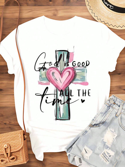 God Is Good All The Time Christian Cross Heart T Shirt For Women Faith Inspired Religious Top Cute Summer Outfit Mother Day Gift Idea,220g