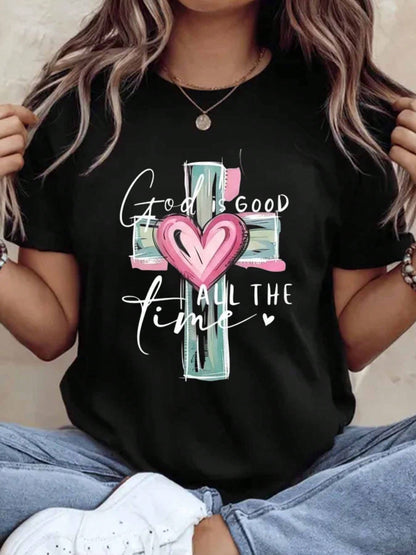 God Is Good All The Time Christian Cross Heart T Shirt For Women Faith Inspired Religious Top Cute Summer Outfit Mother Day Gift Idea,220g