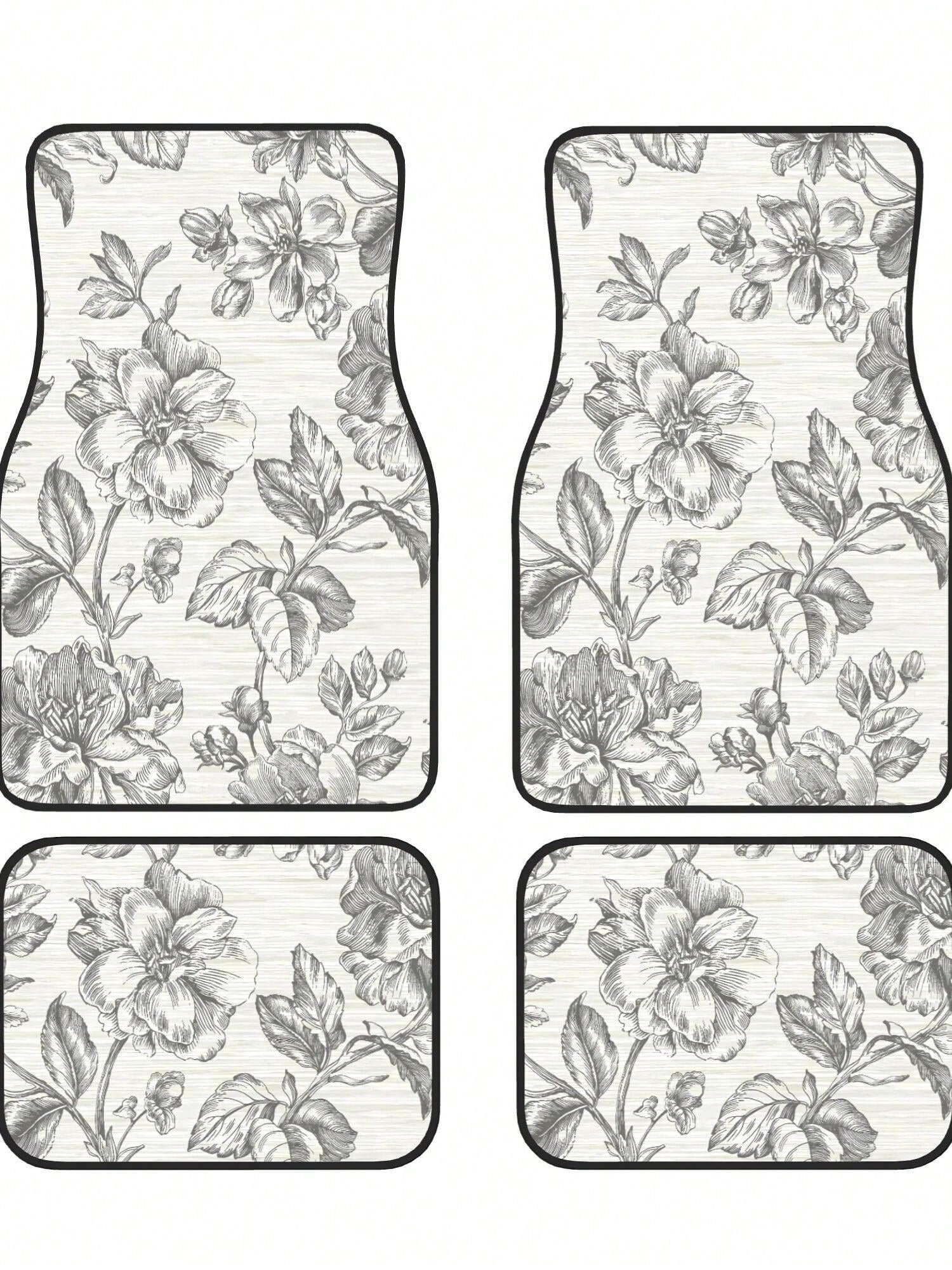 Gray Flower Girl Charcoal 4-Piece Custom Printed All-Weather Floor Mats- Universal Fit For Suv, Truck, Van| Easy Clean