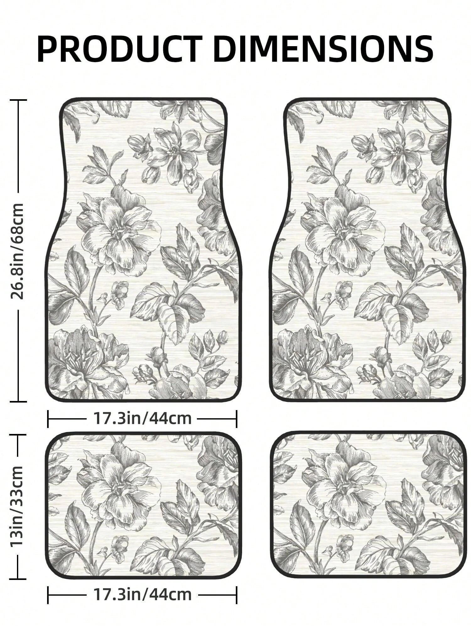 Gray Flower Girl Charcoal 4-Piece Custom Printed All-Weather Floor Mats- Universal Fit For Suv, Truck, Van| Easy Clean