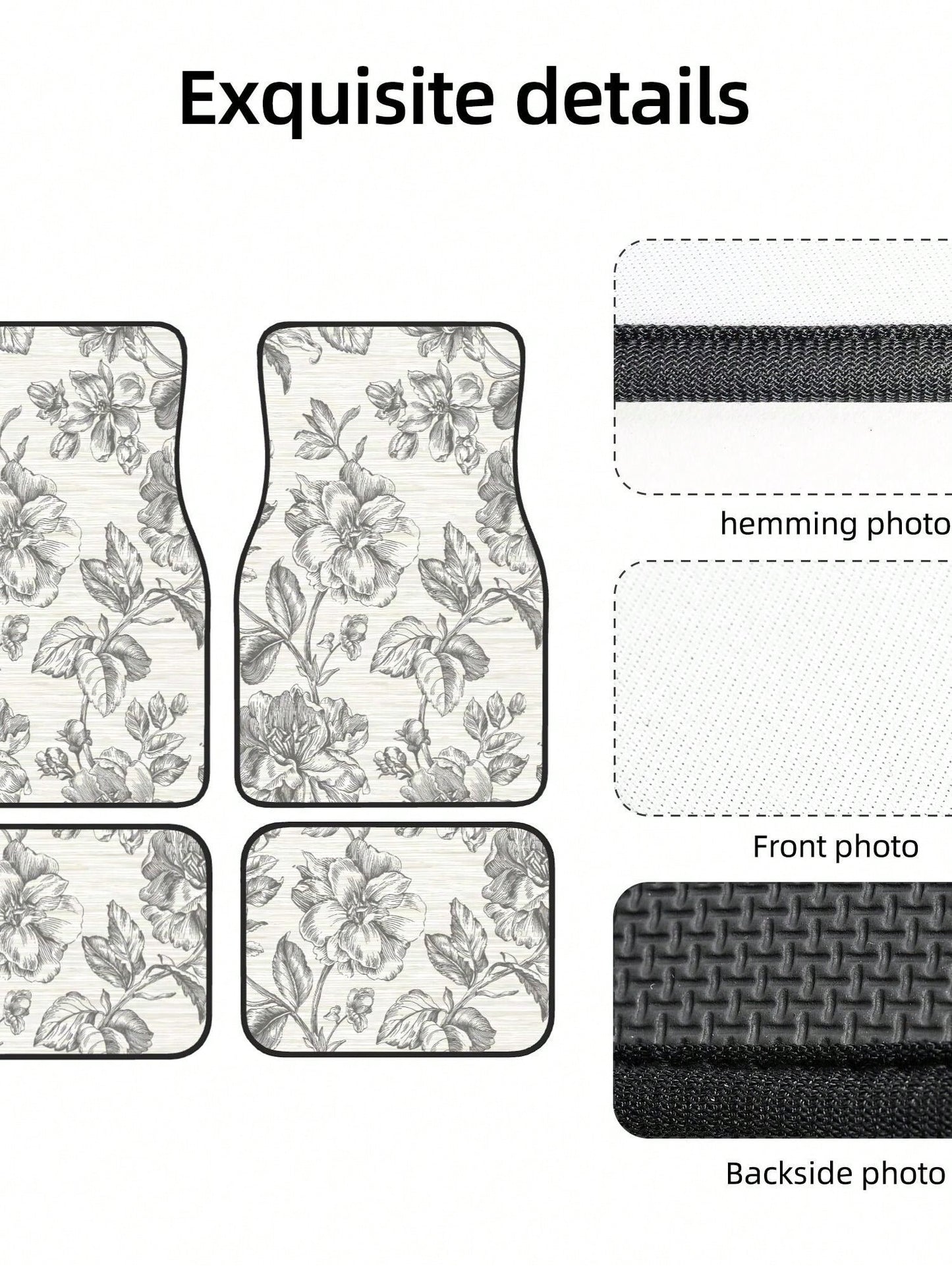 Gray Flower Girl Charcoal 4-Piece Custom Printed All-Weather Floor Mats- Universal Fit For Suv, Truck, Van| Easy Clean