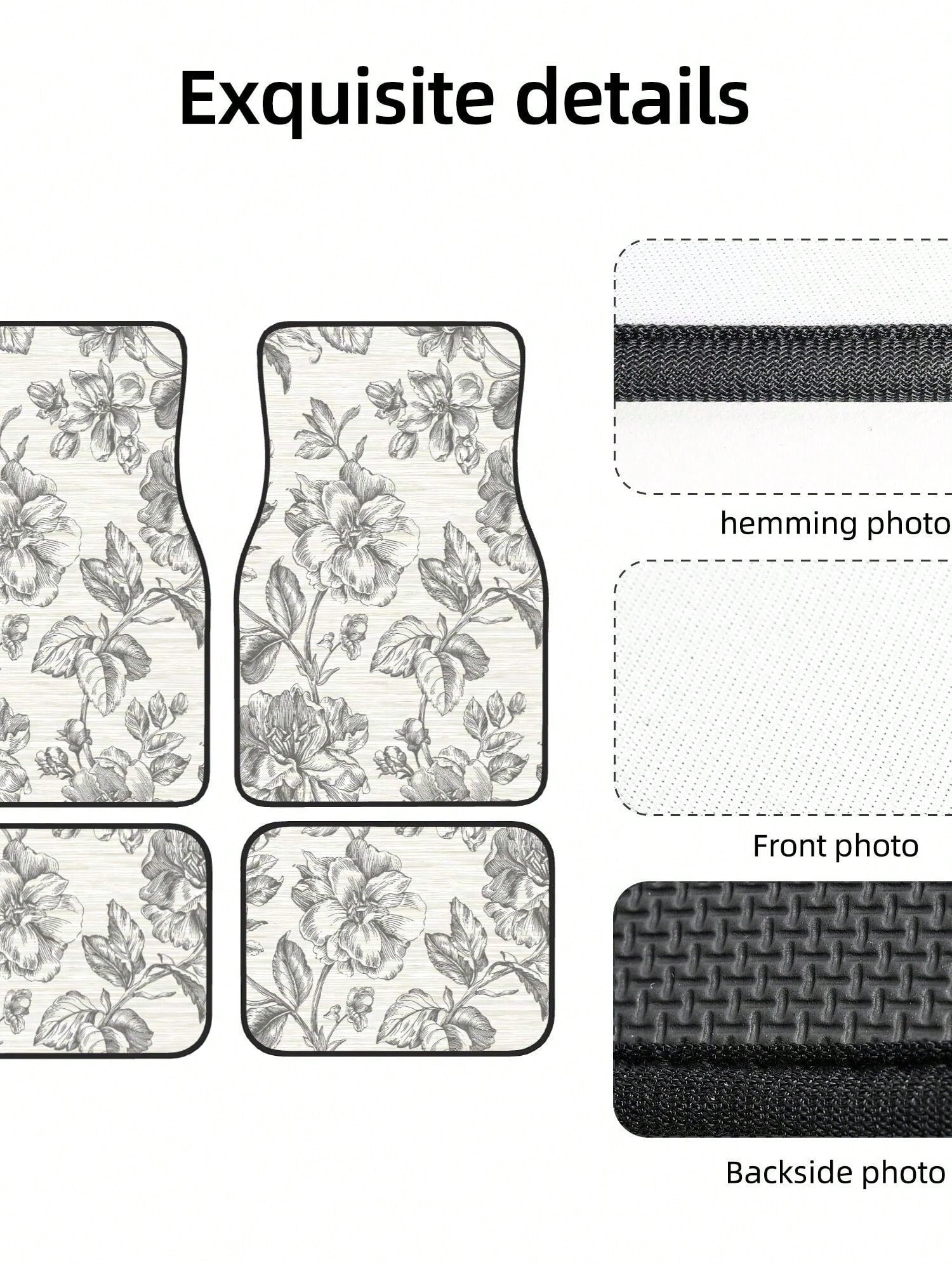Gray Flower Girl Charcoal 4-Piece Custom Printed All-Weather Floor Mats- Universal Fit For Suv, Truck, Van| Easy Clean