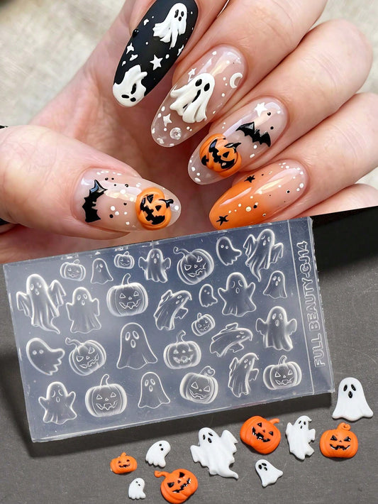 Halloween 3D Nail Silicone Mold, Mini Ghost Pumpkin Elf Nail Art Mould Transparent Cartoon Soft Silicone DIY Gothic Nail Charms Making Tool For UV Resin Acrylic Gel Nail Decorations