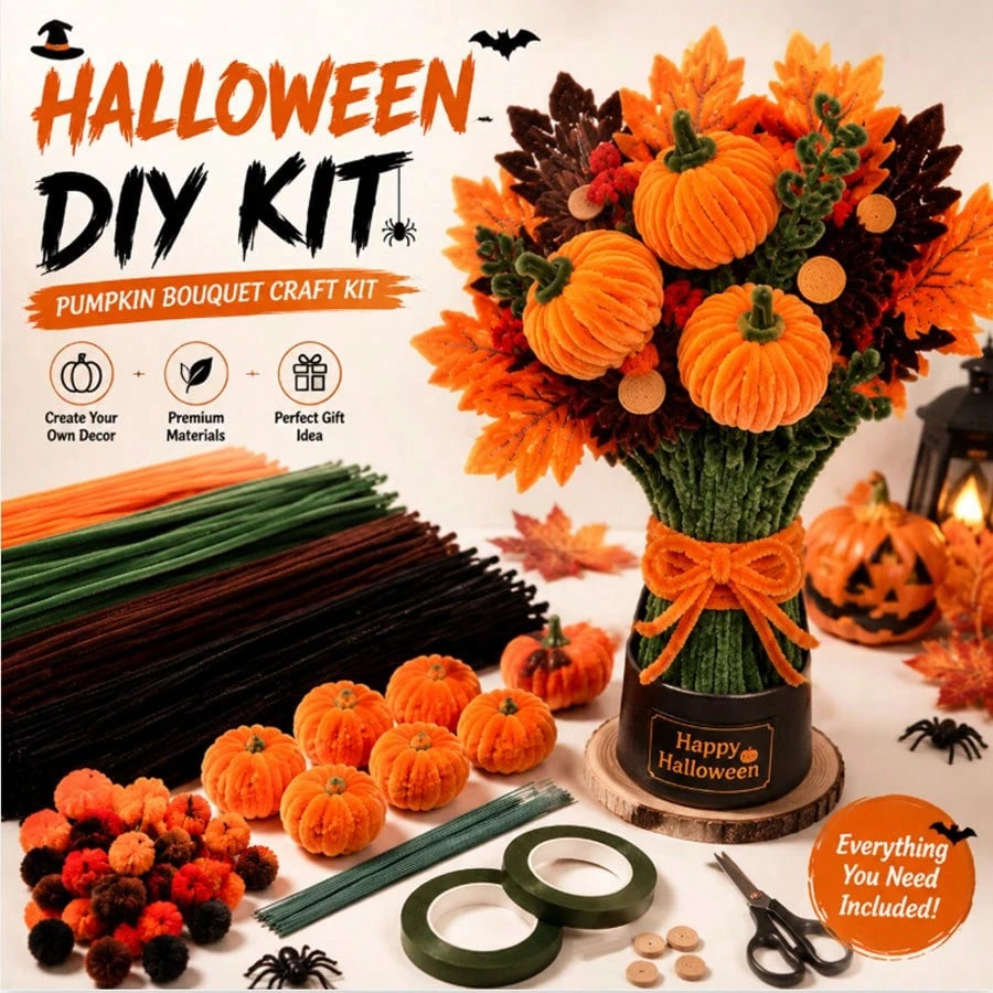 Halloween DIY Pumpkin Bouquet Set, Chenille Stem Handmade Kit With Pumpkin Accessories, Suitable For Children And Adults Autumn Decoration Supplies, Creative Handmade Project, Halloween Party Home Dec