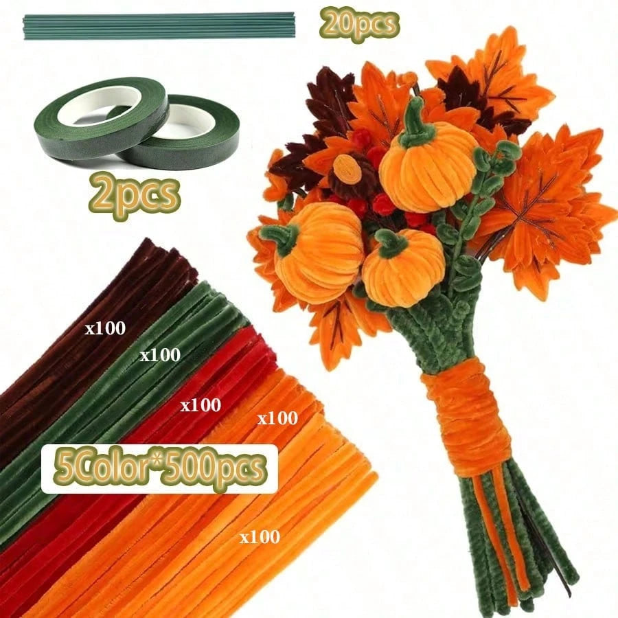 Halloween DIY Pumpkin Bouquet Set, Chenille Stem Handmade Kit With Pumpkin Accessories, Suitable For Children And Adults Autumn Decoration Supplies, Creative Handmade Project, Halloween Party Home Dec