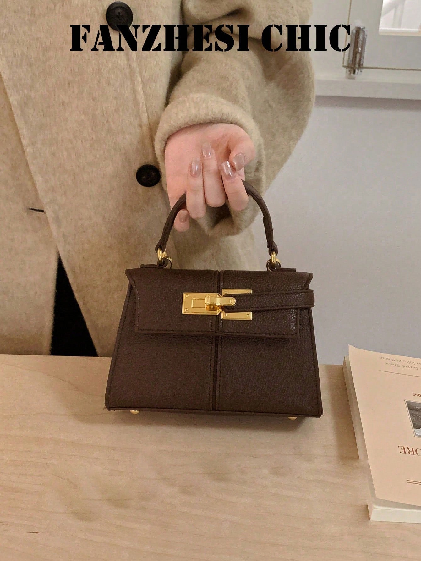 Handbag With Gold Metal Buckle Detail, Structured PU Material, Elegant Purse Suitable For Daily Commute, Office, Shopping And Formal Occasions