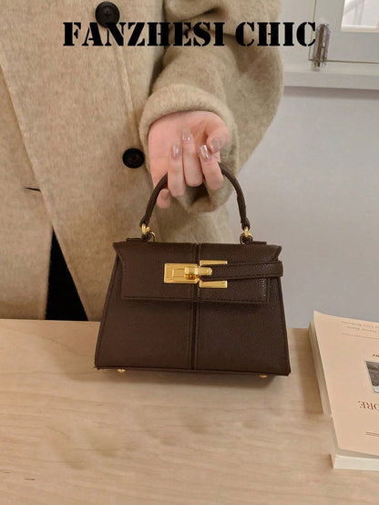 Handbag With Gold Metal Buckle Detail, Structured PU Material, Elegant Purse Suitable For Daily Commute, Office, Shopping And Formal Occasions