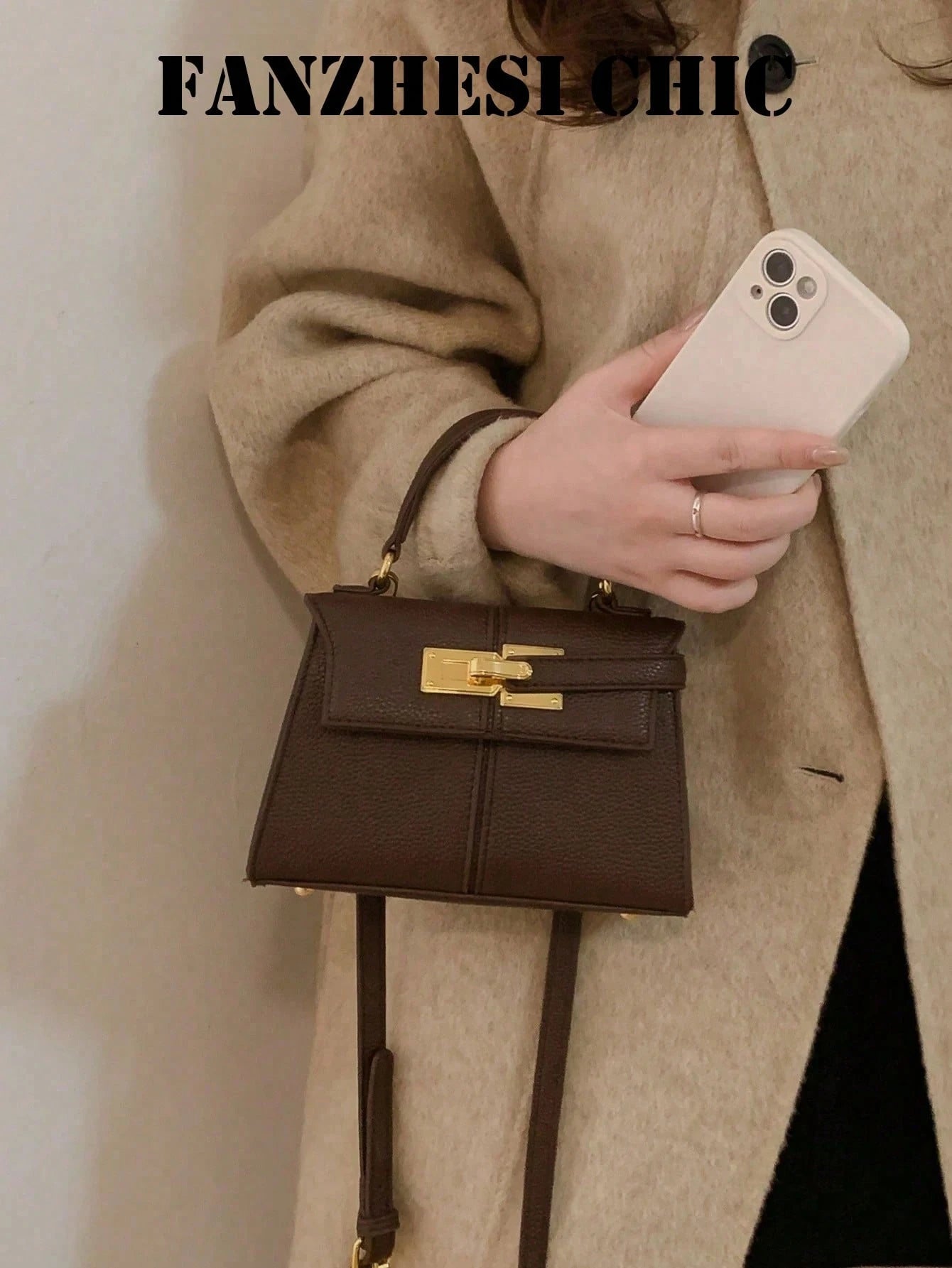 Handbag With Gold Metal Buckle Detail, Structured PU Material, Elegant Purse Suitable For Daily Commute, Office, Shopping And Formal Occasions