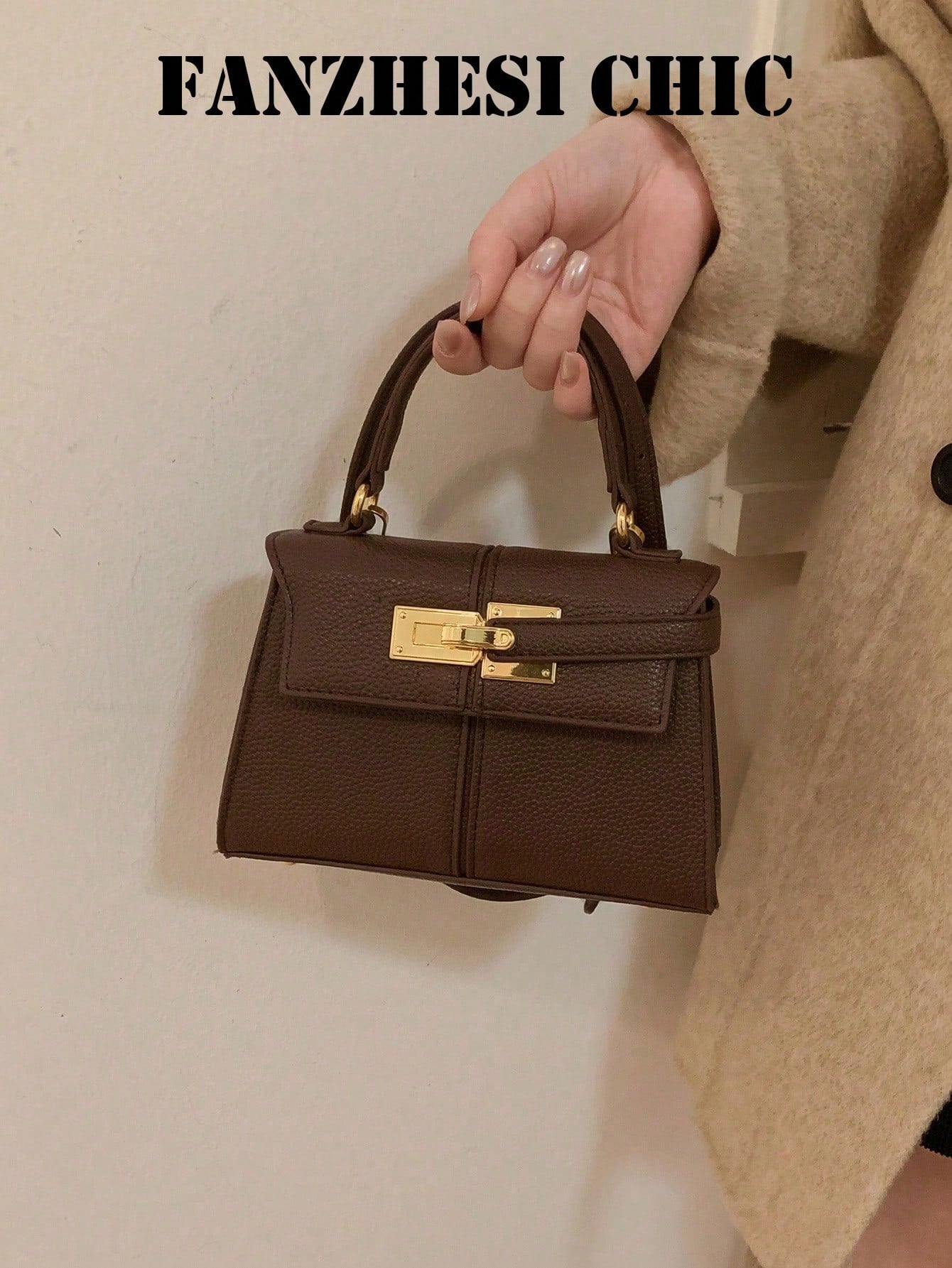 Handbag With Gold Metal Buckle Detail, Structured PU Material, Elegant Purse Suitable For Daily Commute, Office, Shopping And Formal Occasions