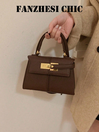 Handbag With Gold Metal Buckle Detail, Structured PU Material, Elegant Purse Suitable For Daily Commute, Office, Shopping And Formal Occasions