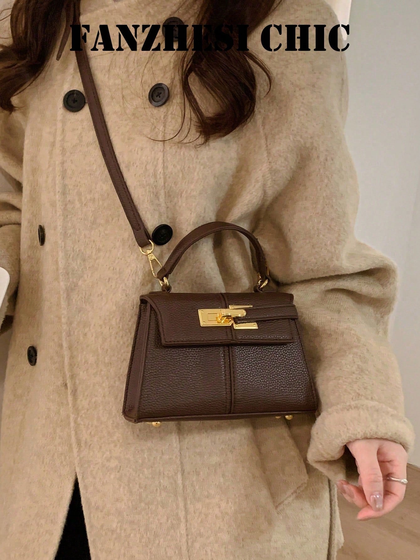 Handbag With Gold Metal Buckle Detail, Structured PU Material, Elegant Purse Suitable For Daily Commute, Office, Shopping And Formal Occasions