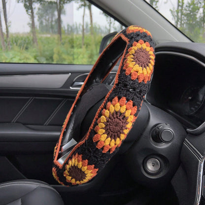 Handmade Crochet Vintage Sunflower Steering Wheel Covers Universal 14-15 Inch For Women And Men