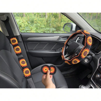 Handmade Crochet Vintage Sunflower Steering Wheel Covers Universal 14-15 Inch For Women And Men