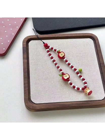 Handmade Half Apple Shaped Mobile Phone Lanyard Keychain Beaded Strap Cute Camera Pendant, Fresh Design Gifts For Mother, Family, Friends, Birthday, Holiday Phone Charm, Phone Chain