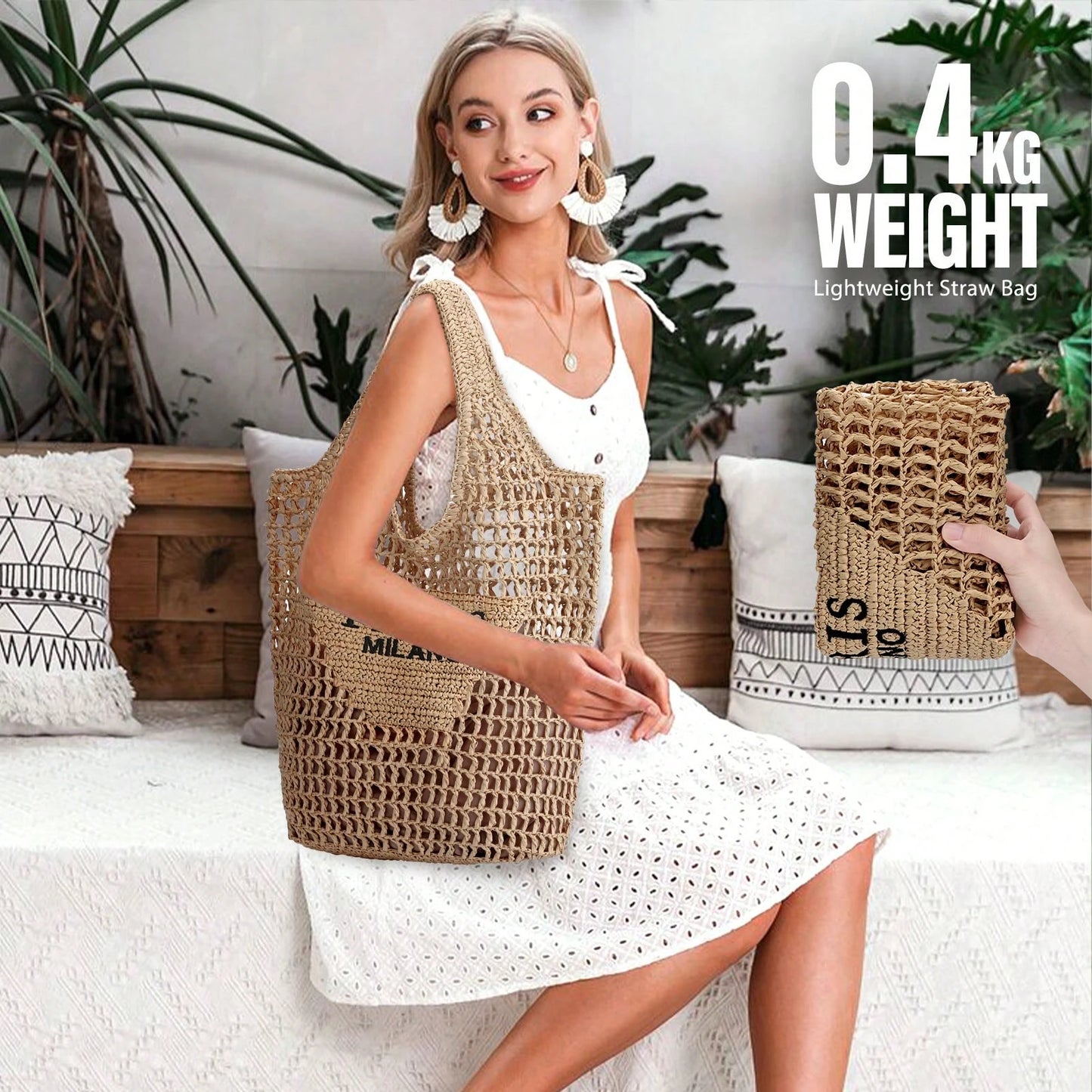 Hatisan Straw Beach Bag For Women Summer Woven Beach Tote Bag Shoulder Handbags Boho Bag