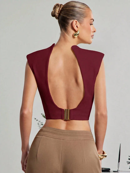 Hauture Women's Off-White Summer Elegant Party Night Stand Collar Backless Sleeveless Top,Gold Metal Closure Old Money Business Office Chic Desk To Dinner