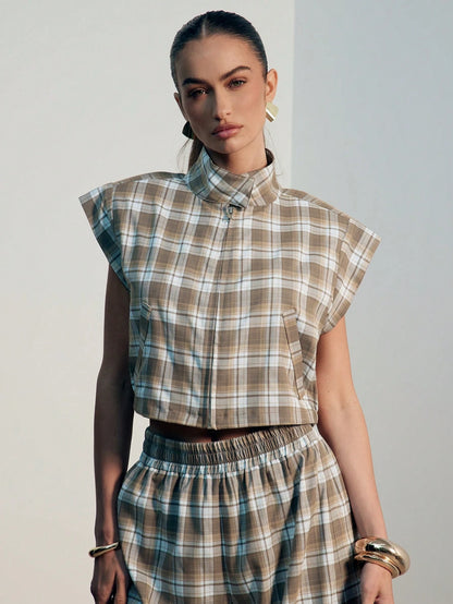 Hauture Women's Sexy Casual Plaid Print High Neck Front Zip Up Shoulder Pad Crop Top, Old Money, Sophisticated Top, Work, Brunch, Baby Showers, Dates