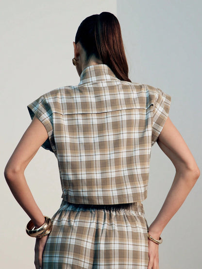Hauture Women's Sexy Casual Plaid Print High Neck Front Zip Up Shoulder Pad Crop Top, Old Money, Sophisticated Top, Work, Brunch, Baby Showers, Dates