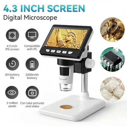 HD Digital Microscope With 8 LED, 1080P 1000X Magnification, 4.3" IPS Screen, 5H Battery Life, 2MP Imaging, USB & PC Compatible For Personal Computer, Biological & Electron Microscopy
